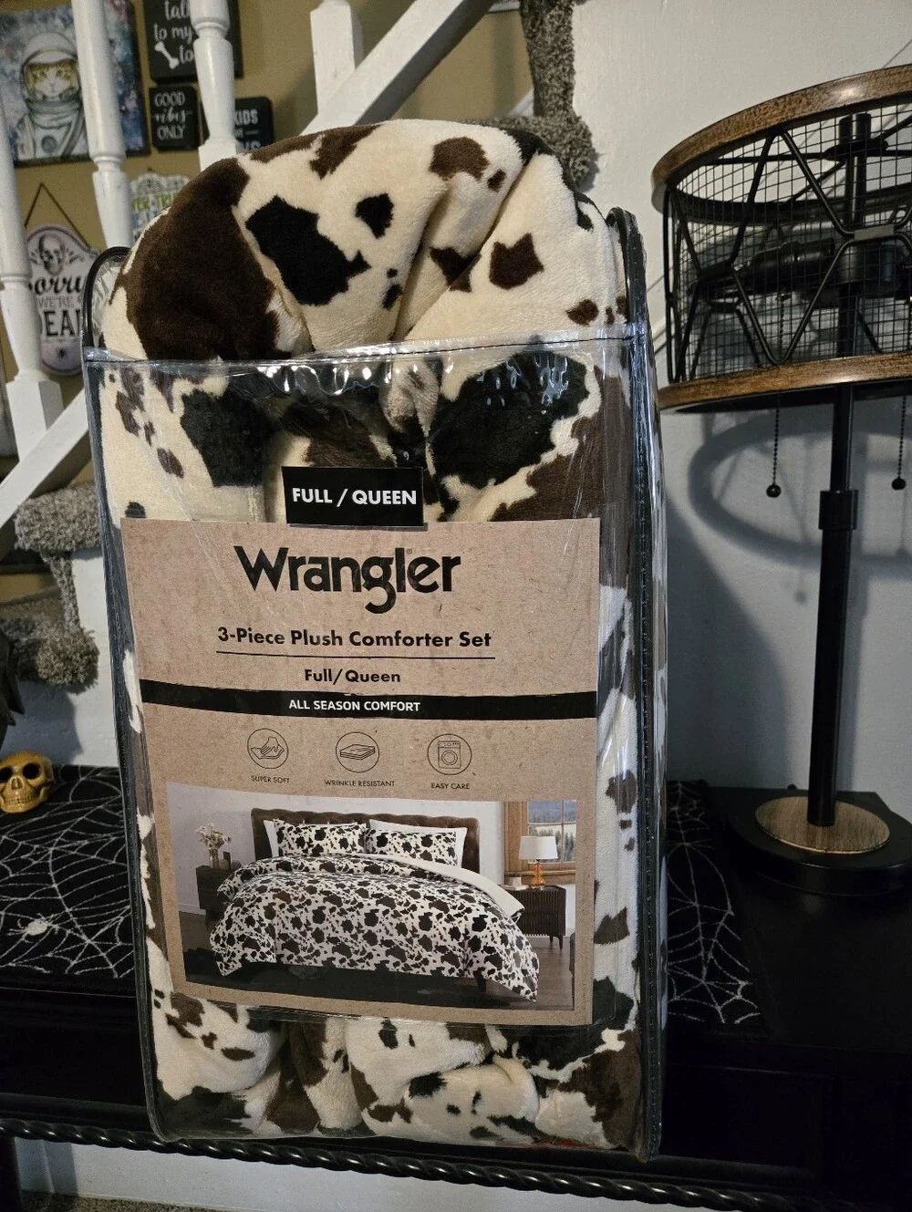 Plush Wrangler 3 Piece Comforter Set Brown & Cream Cow Print Western QUEEN